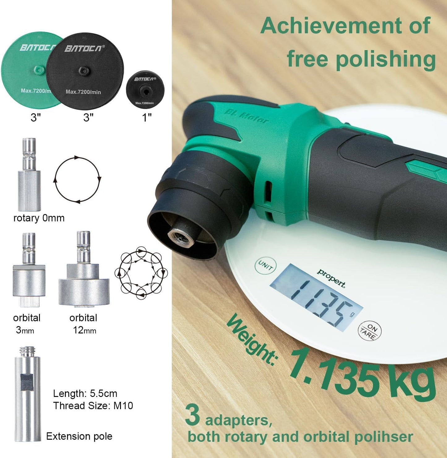 Mini- Polisher Inalambrica Pulidora Dual Funciona como DA Rotorbital y Rotativa Polichadora Marca Batoca