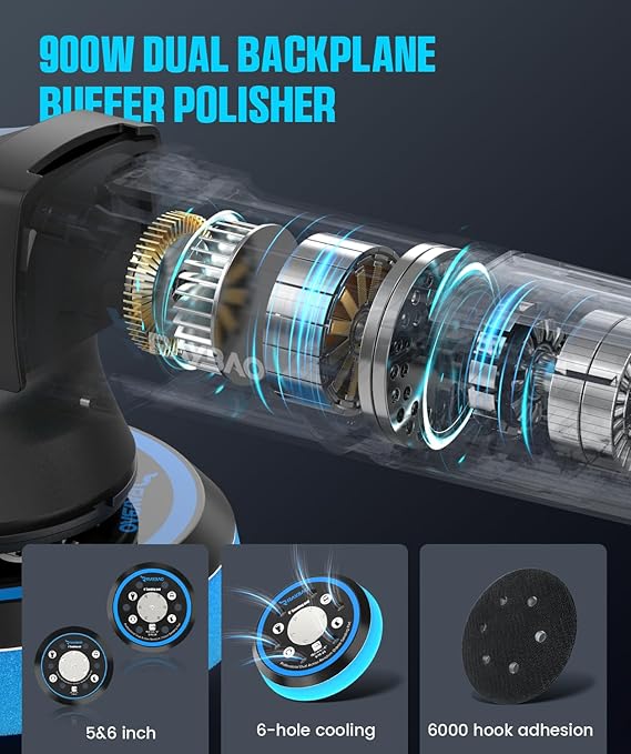 DA Rotorbital Raybao Pulidora de doble acción de 900 W de 5/6 pulgadas, 6 velocidades variables