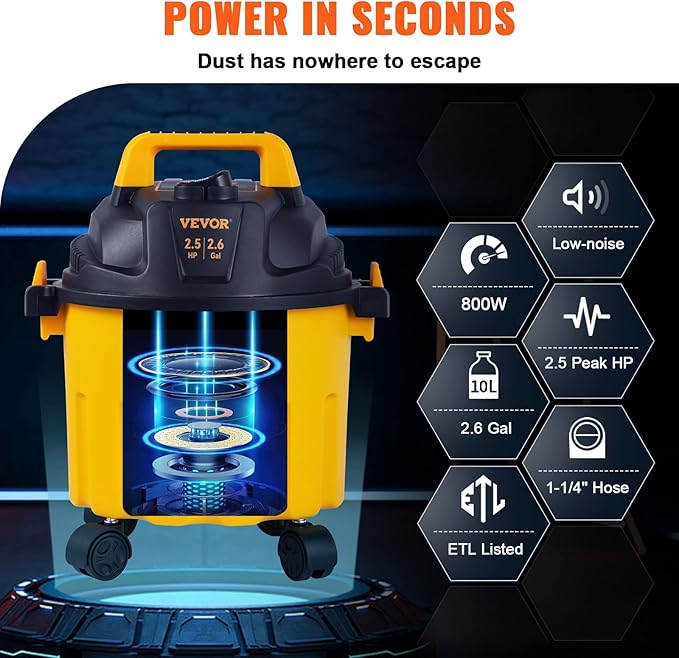 Aspiradora en seco húmedo, 2.6 galones, 2.5 CV Marca Vevor