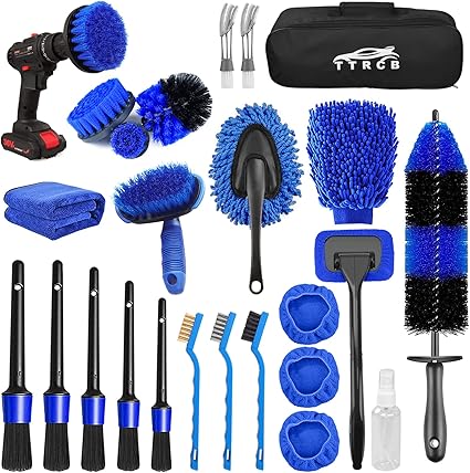 Kit Detailing o Detallado  de 22 piezas con brochas, cepillos Taladro, Limpieza  Llantas y Rines