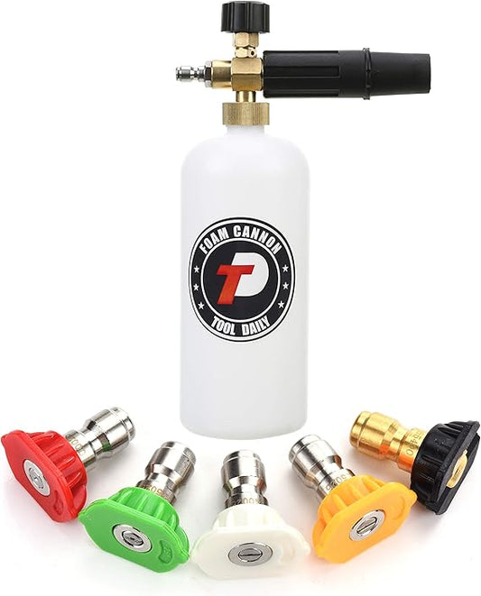 Cañón de espuma con conector rápido de 0.6 cm, 1 litro, 5 puntas de boquilla para lavado a presión