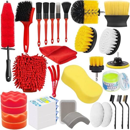 Kit Detailing  Detallado Automotriz  Aficionado x 32 piezas brochas, cepillos rines y llantas, cepillos para taladro.