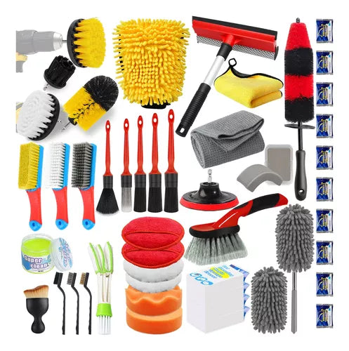 Kit Lavado y Detailing  Detallado 48 piezas brochas, cepillos limpieza, cepillos taladro limpieza de rines.